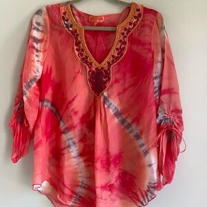 Hale Bob Graphic Ruched Tunic in Orange and Pink